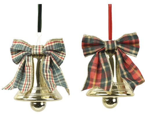 Zwei goldfarbene Weihnachtsglocken mit karierten Schleifen als Christbaumschmuck.