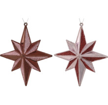 Zwei achtstrahlige Weihnachtssterne zum Aufhängen mit Glitzer und Perlenrand.