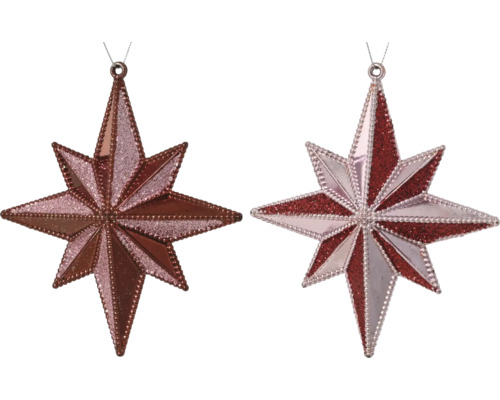 Zwei achtstrahlige Weihnachtssterne zum Aufhängen mit Glitzer und Perlenrand.