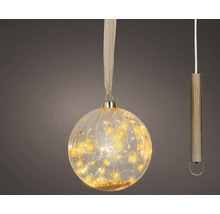 Hängende LED-Glaskugel für Weihnachten mit goldenem Sternenmuster und warmweißen LED-Lichtern.
