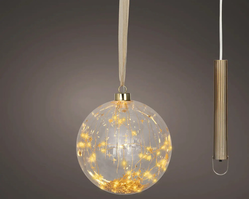 Weihnachtskugel aus Glas mit warmweißer Lichterkette und goldenen Sternen im Inneren inklusive Aufhängeband und Batteriehalter.