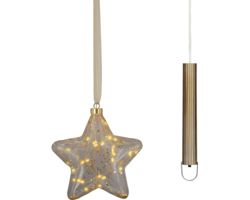 Hängende Weihnachtsdekoration in Sternform aus Glas mit warmweißen LEDs und goldenen Akzenten, batteriebetrieben.