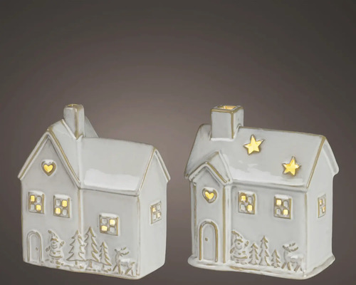 Zwei dekorative Keramikhäuschen mit LED-Beleuchtung, winterlichen Reliefmotiven und Aussparungen in Herz- und Sternform.