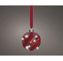 Beleuchtete Christbaumkugel mit rotem Spiralmuster und Aufhängeband.