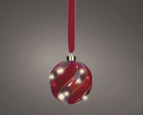 Beleuchtete Christbaumkugel mit rotem Spiralmuster und Aufhängeband.