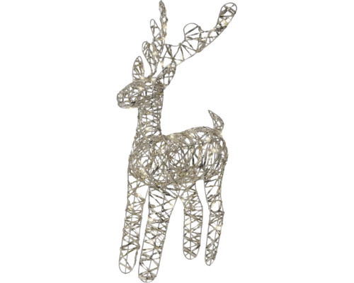 LED-Rentierfigur aus silbernem Metallgeflecht mit warmweißen Lichtern.