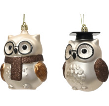 Weihnachtsbaumschmuck Eulen mit Brille, eine mit Schal und eine mit Doktorhut, 2 Stück.