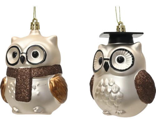 Weihnachtsbaumschmuck Eulen mit Brille, eine mit Schal und eine mit Doktorhut, 2 Stück.