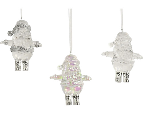 Drei transparente Weihnachtsmann-Anhänger aus Glas für den Weihnachtsbaum mit Glitzer und Aufhängebändern.