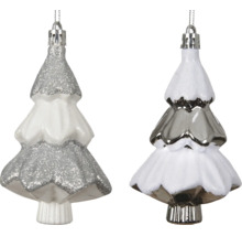 Zwei Weihnachtsbaum-Anhänger in Tannenform mit silbernem Glitzer, glänzender Oberfläche und weißen Details.