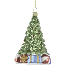 Grüner Christbaumanhänger aus Glas in Form eines Tannenbaums mit Geschenken.