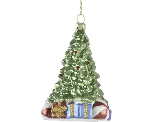 Grüner Christbaumanhänger aus Glas in Form eines Tannenbaums mit Geschenken.