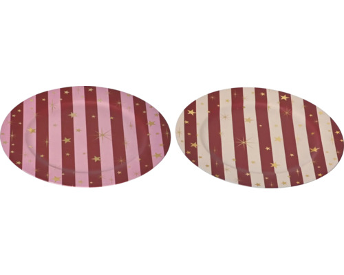 Ovale Servierplatten mit Streifenmuster und goldfarbenen Sternen.