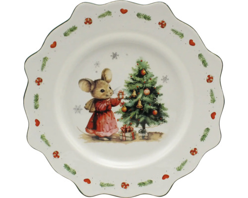 Weihnachtsteller mit Wellenrand, Motiv einer Maus am Weihnachtsbaum mit Geschenken, Rand mit Tannenzweigen, Herzen und Zuckerstangen.