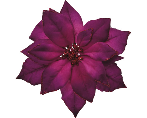 Künstliche Weihnachtsblume Weihnachtsstern in Lila mit Glitzerrand.