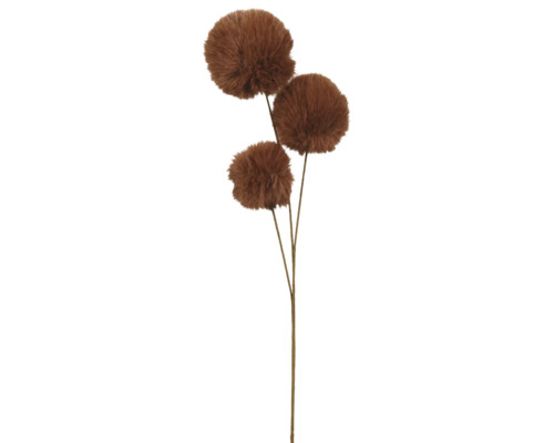 Künstlicher Dekozweig mit drei braunen flauschigen Pompoms.