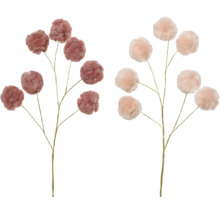Künstliche Dekozweige mit flauschigen Pompons an dünnen Stielen.