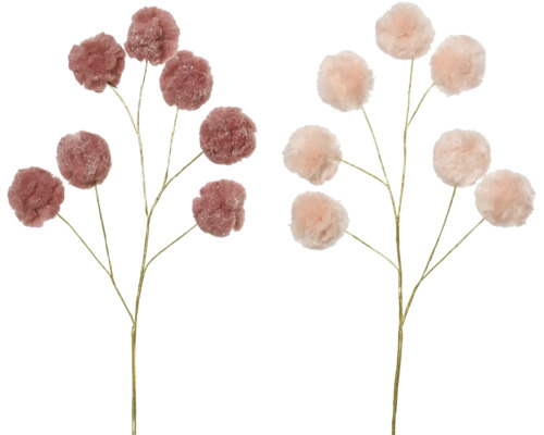 Künstliche Dekozweige mit flauschigen Pompons an dünnen Stielen.
