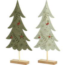 Zwei dekorative Weihnachtsbäume aus Filz auf einem Holzfuß mit winterlichen Mustern und kleinen roten Akzenten.