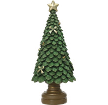 Dekorativer Weihnachtsbaum mit grünem Glitzer, goldener Sternspitze, Schleifen und Kugeln auf einem Sockel.