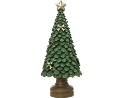Dekorativer Weihnachtsbaum mit grünem Glitzer, goldener Sternspitze, Schleifen und Kugeln auf einem Sockel.