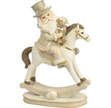 Weihnachtsmann-Figur auf einem Schaukelpferd mit Teddybär, Weihnachtsdekoration in Beige und Gold