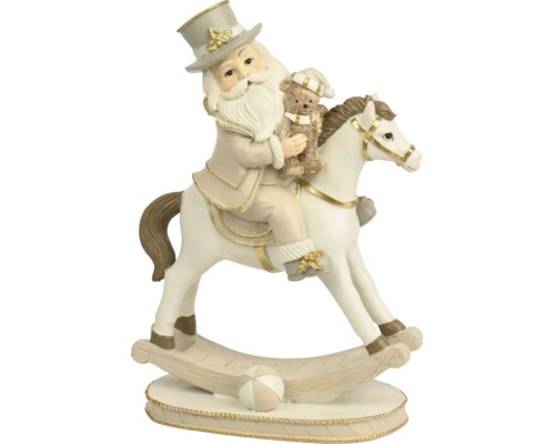 Weihnachtsmann-Figur auf einem Schaukelpferd mit Teddybär, Weihnachtsdekoration in Beige und Gold