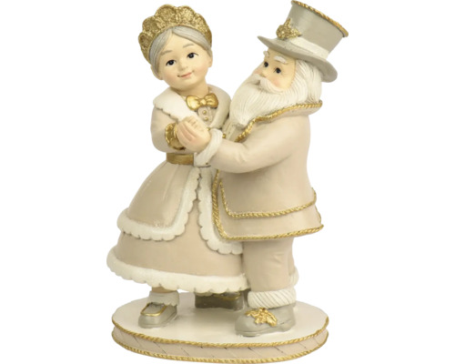 Weihnachtsfigur tanzendes Paar, Weihnachtsmann und Frau Claus in beige-goldener Festtagskleidung.