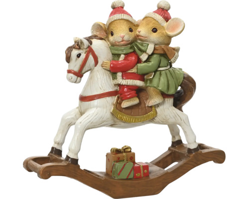 Weihnachtsfigur zwei Mäuse in Winterkleidung auf einem Schaukelpferd mit Geschenken.