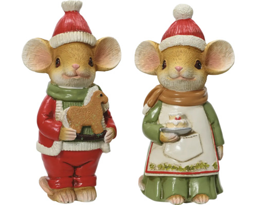 Weihnachts-Dekofiguren Mäuse in Rot und Grün mit Winterkleidung, eine mit Schaukelpferd und eine mit Törtchen.