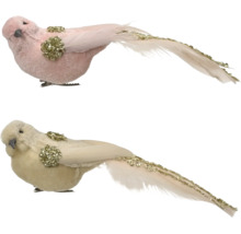 Zwei Deko-Vögel mit Clip, Körper mit Stoff bezogen, Flügel und langer Federschwanz mit Pailletten verziert.