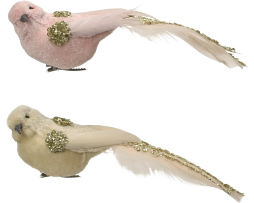 Zwei Deko-Vögel mit Clip, Körper mit Stoff bezogen, Flügel und langer Federschwanz mit Pailletten verziert.