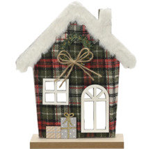 Weihnachts-Dekohaus aus Holz mit Schottenkaro, weißem Kunstpelzdach, Juteschleife und Fensteröffnungen.