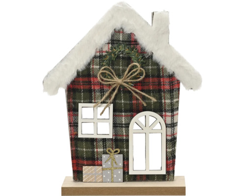 Weihnachts-Dekohaus aus Holz mit Schottenkaro, weißem Kunstpelzdach, Juteschleife und Fensteröffnungen.