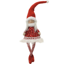 Weihnachts-Deko-Figur Mädchen aus Textil mit langer Zipfelmütze, Kleid mit Punkten und gestreiften Beinen.