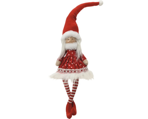 Weihnachts-Deko-Figur Mädchen aus Textil mit langer Zipfelmütze, Kleid mit Punkten und gestreiften Beinen.