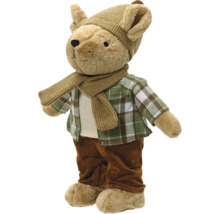 Plüsch-Maus Dekofigur mit Strickmütze und Schal, kariertem Hemd und brauner Hose.