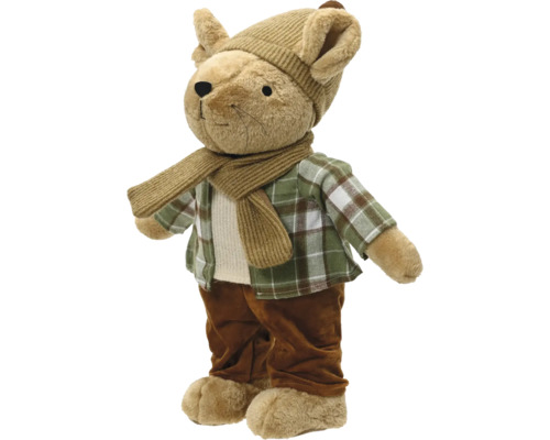 Plüsch-Maus Dekofigur mit Strickmütze und Schal, kariertem Hemd und brauner Hose.
