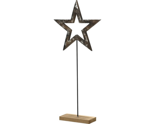Dekostern auf Ständer, Metall mit Antik-Finish und Holzsockel, Stern mit Aussparung.