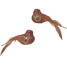 Zwei kupferfarbene Dekorationsvögel mit Glitzer und Federn.