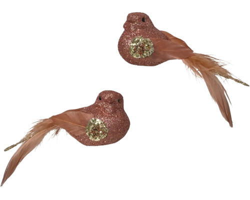 Zwei kupferfarbene Dekorationsvögel mit Glitzer und Federn.
