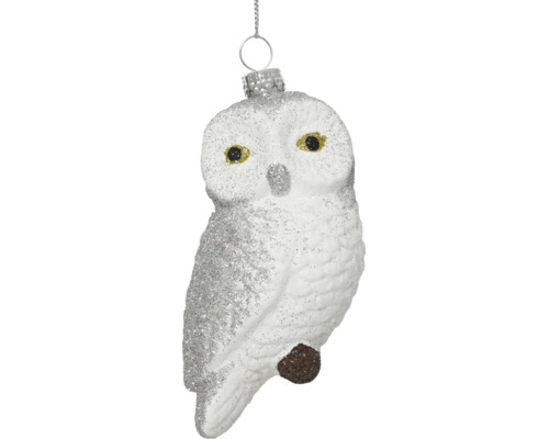 Christbaumschmuck in Form einer Eule, weiß mit silbernem Glitzer und Aufhängung.