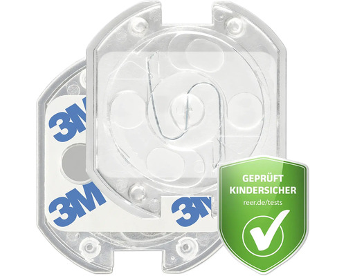 Transparenter Steckdosenschutz zum Kleben mit 3M Klebestreifen und Drehmechanismus. Geprüft kindersicher. 3M Logo.