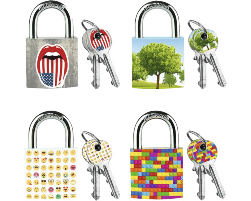 Set aus vier Vorhängeschlössern mit gehärtetem Bügel und Motiven wie USA-Lippen, Bäumen, Emojis und Bausteinen, inklusive passender Schlüssel.