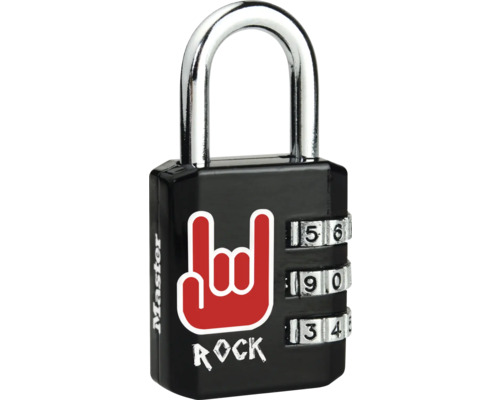 Master Lock Zahlenschloss mit dreistelliger Kombination und Rock-Hand-Symbol.