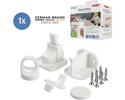 Reer Magnetschloss Kindersicherung für Schränke und Schubladen, weißes Set mit Montagematerial und Magnetschlüssel.