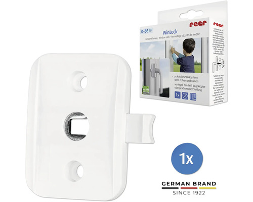 Reer WinLock Fenstersicherung für Kinder, weißer Kunststoff, einfache Montage ohne Bohren am Fenstergriff.