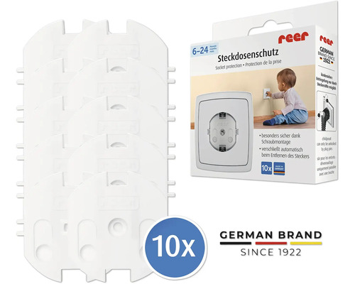 reer Steckdosenschutz zum Schrauben, 10 Stück, weiß, Kindersicherung für Steckdosen, Hergestellt in Deutschland.