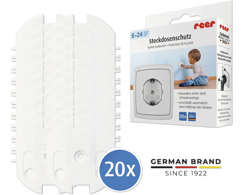 reer Steckdosenschutz zum Schrauben, 20 Stück, weiße Kindersicherung für Steckdosen, hergestellt in Deutschland.