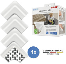 4 weiche Eckenschutz-Protektoren für Kindersicherheit, inklusive Verpackung mit reer Logo, selbstklebend mit 3M-Klebeband.